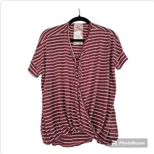L Maroon and White Stripe Tie Front Folded Loose Bottom Front Cute Blouse